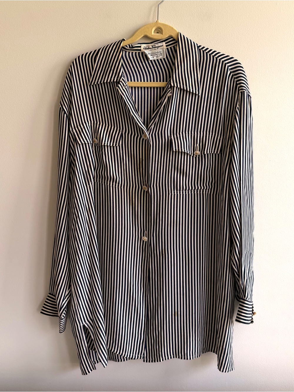 Salvatore Ferragamo Navy and White Vertical Stripe Button-Down Silk Blouse